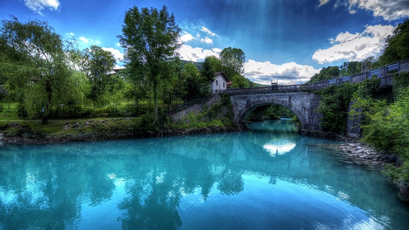 house, bridge, river, hdr, trees