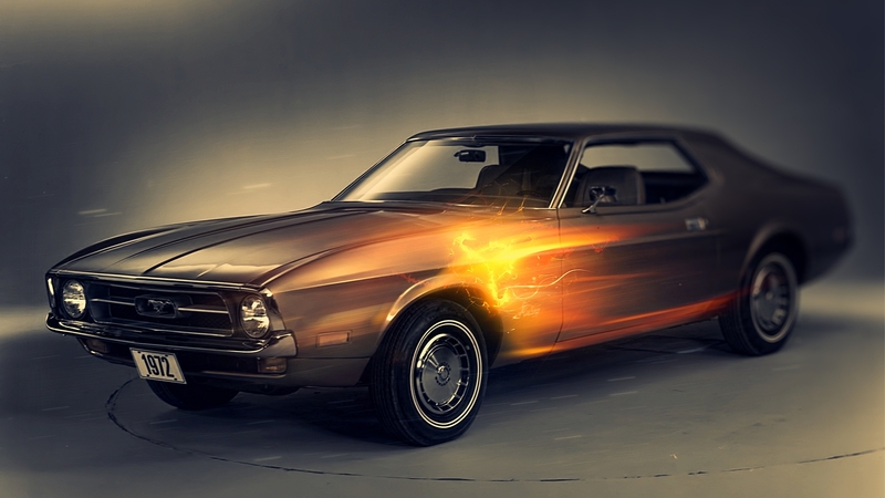 mustang, fire, car, ford