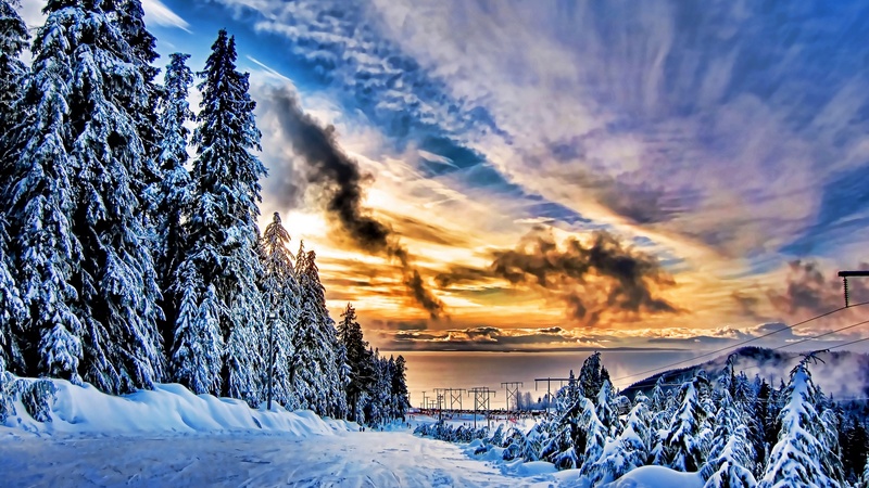 beautiful, sunset, clouds, splendor, beauty, other, amazing, view, colors, sky, trees, winter, snow, mountains, peaceful, nature, landscape