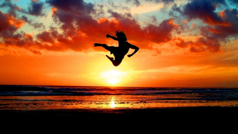 sunset, sky, silhouette, clouds, sea, beach, kid, water, people, reflection, karate