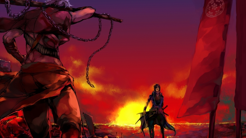 eyepatch, chain, motochika chosokabe, anime, sunset, weapon, date masamune, sengoku basara