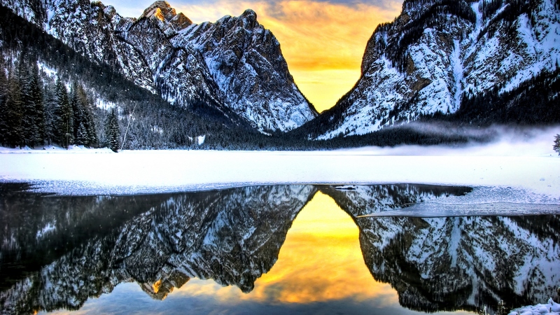 beautiful, sunset, clouds, splendor, beauty, sunrise, reflection, amazing, lovely, view, colors, winter time, sky, trees, winter, lake, tree, water, snow, mountains, peaceful, nature, landscape