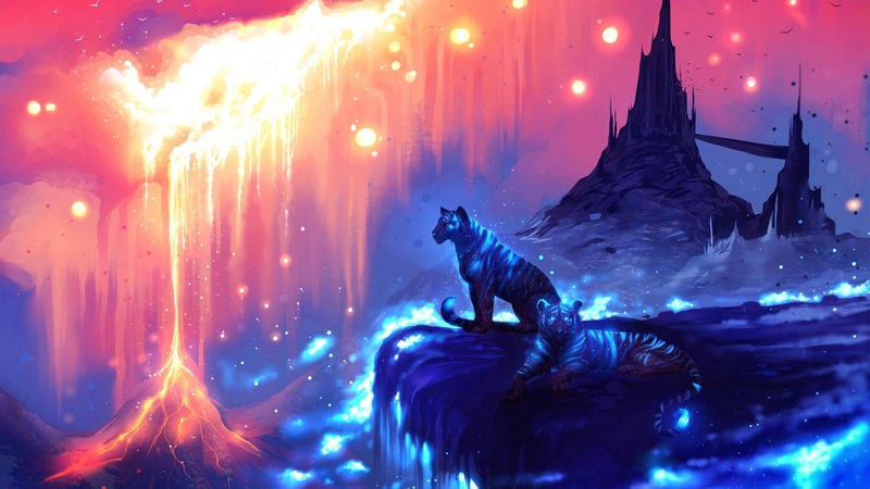 art, luminos, ryky, lava, tiger, fire, fantasy, water, jademere, pink, guardians, blue
