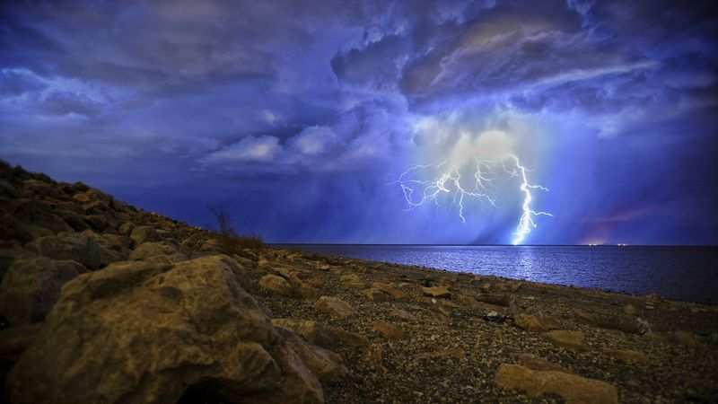 lightning, storm, lake, overcast, shore, night, 4k