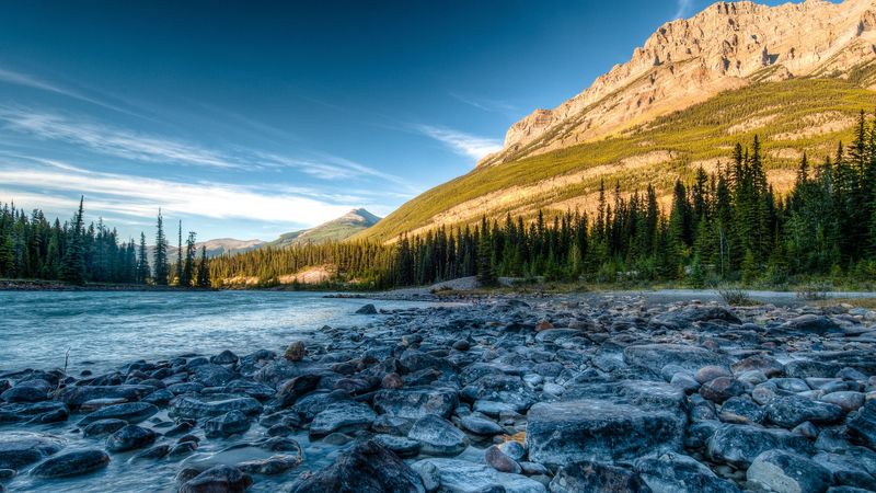 rocky mountains, river, stones, athabasca, alberta, canada, hdr, 4k