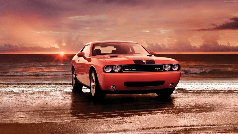 beach, sunset, challenger, dodge