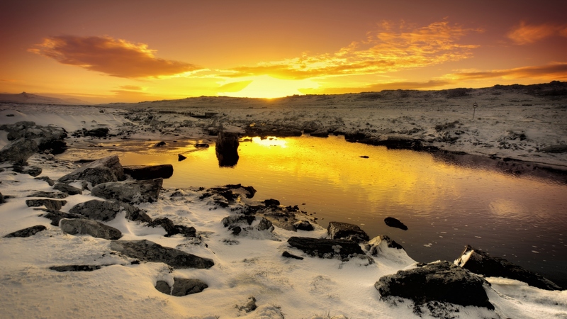 rocks, lovely, golden, beautiful, sunset, sky, clouds, lake, winter, snow, peaceful, beauty, nature, reflection, white, landscape