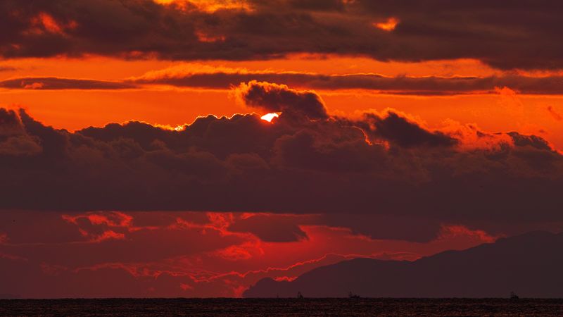 clouds, sunset, overcast, horizon, sea, 4k