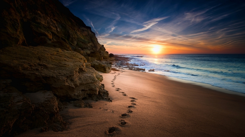 rocks, shore, sun, sunset, sea, skyphoenixx1, sunrise, horizon, ocean, sunlight, waves, sky, water, footprints, summer, nature, coast