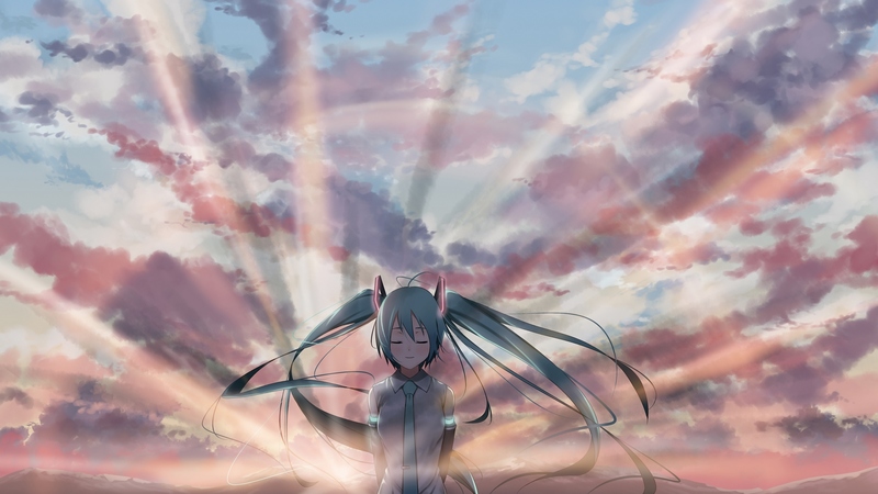 vocaloid, pretty, cloud, view, sunlight, miku, beautiful, sunset, cute, skies, sunrise, light