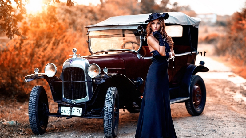 alessandro di cicco, dress, autumn, model, orange, old torpedo, woman, hat, retro, girl, car, beauty, vintage