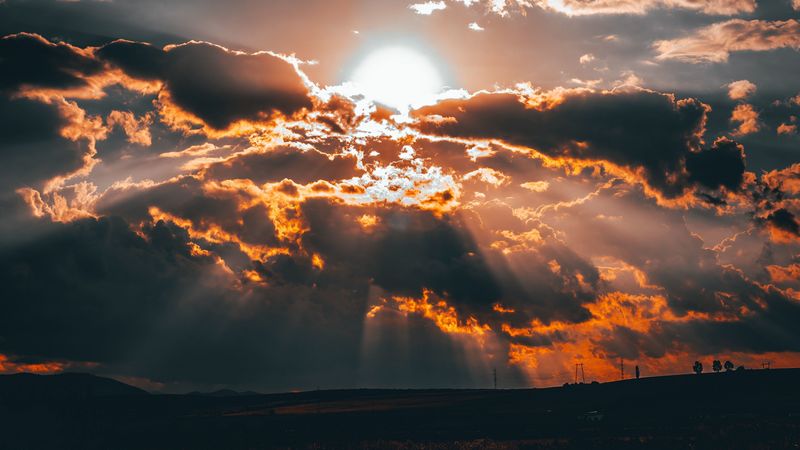 clouds, sun, sunset, overcast, 4k