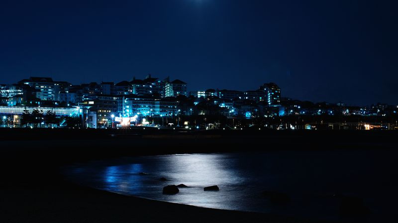 night city, night, buildings, sea, shore, 4k