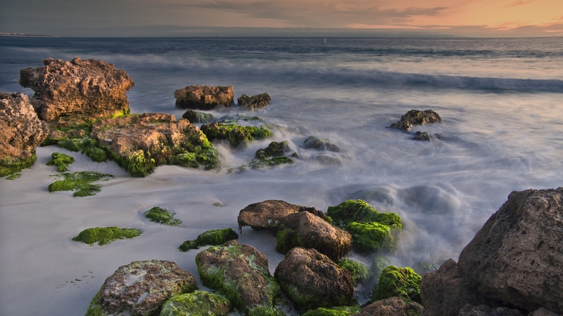 rocks, dusk, sky, clouds, mist, lights, sea, serene, coastline, seaweed