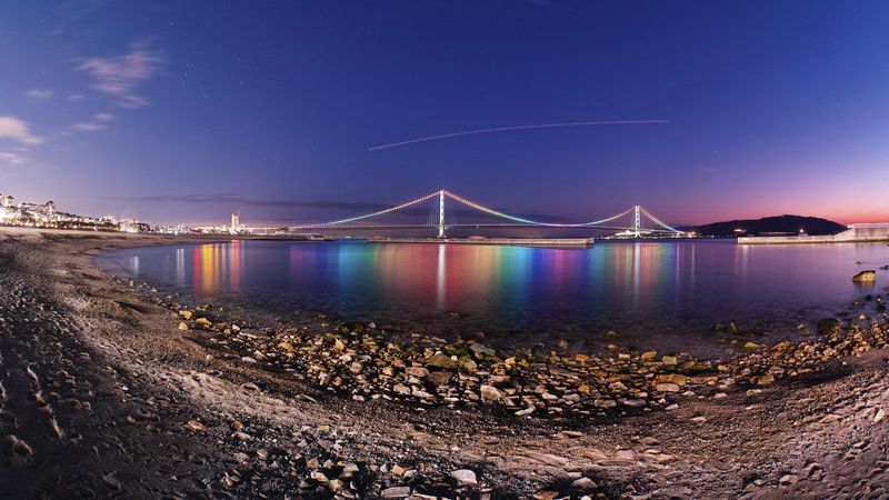 bridge, shore, strait, evening, akashi-kaikyo bridge, japan, 4k