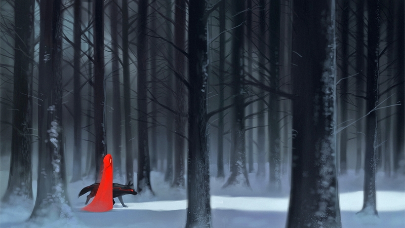forest, art, magic, red riding hood, winter, fantasy, dark, painting, wolf