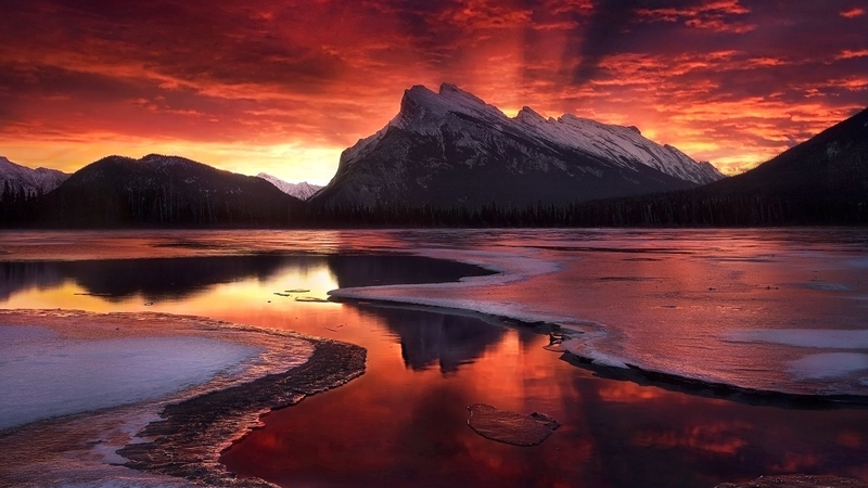 mountains, ice, colors, clouds, sky, lake, canada