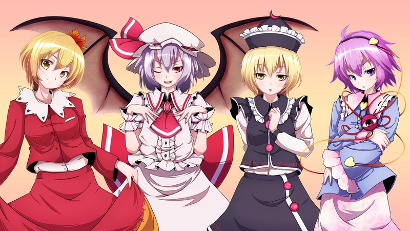 satori komeiji, dress, shizuha aki, ribbons, lunasa prismriver, remilia scarlet, hat, short hair, touhou, girls