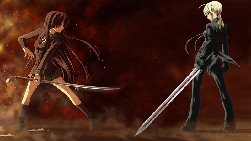 fight, girls, sword, anime
