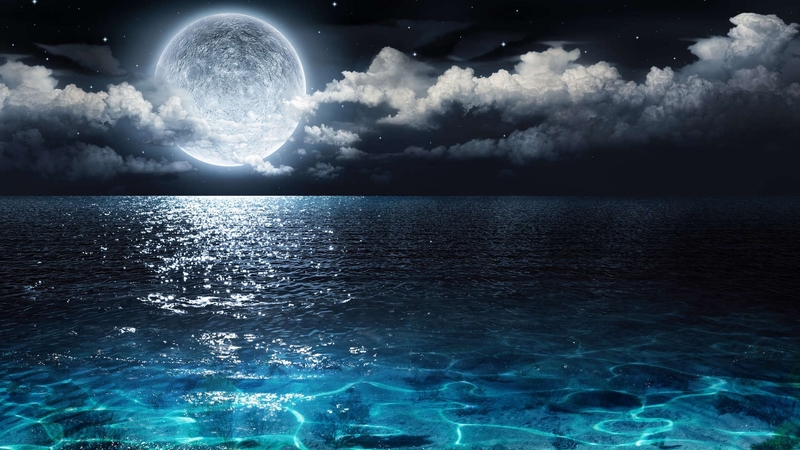 cloud, luna, luminos, full, sky, sea, moon, water, summer, white, blue
