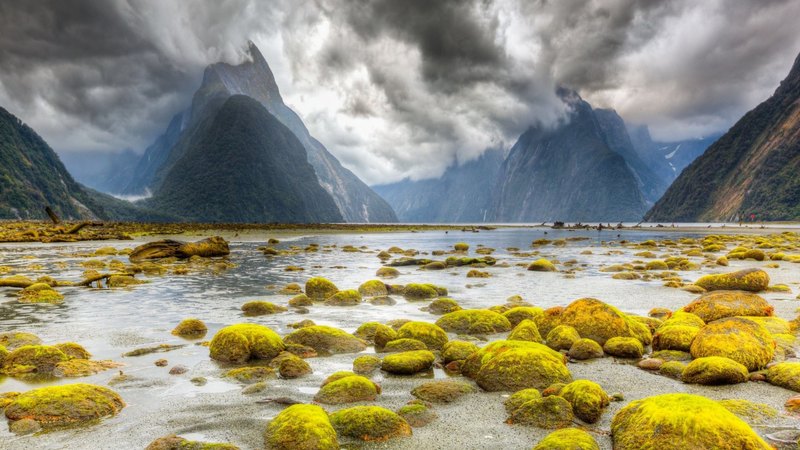 rocks, stones, river, clouds, sky, milford sound