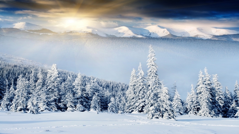 sun, rays, snow, mountains, nature, seasons, lights, winter
