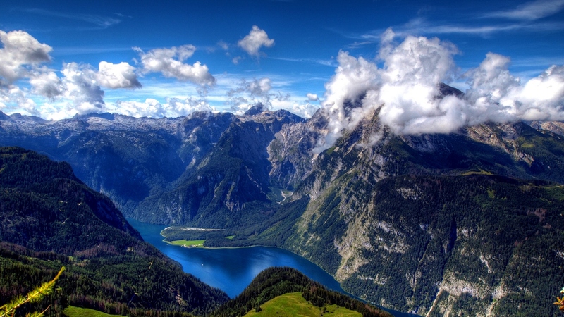 grass, woods, beautiful, clouds, valley, mountain, splendor, green, beauty, fields, river, rivers, blue, amazing, forest, lovely, view, colors, sky, trees, lake, tree, water, mountains, air, magical, fjord, peaceful, hdr, nature, landscape