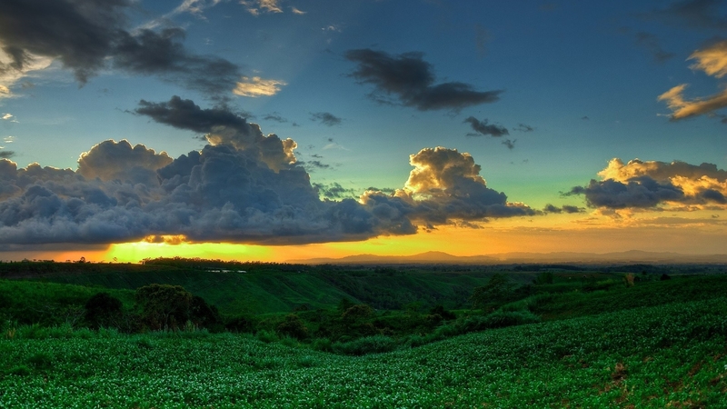 nature, spring, sunset, clouds, meadow, landscape