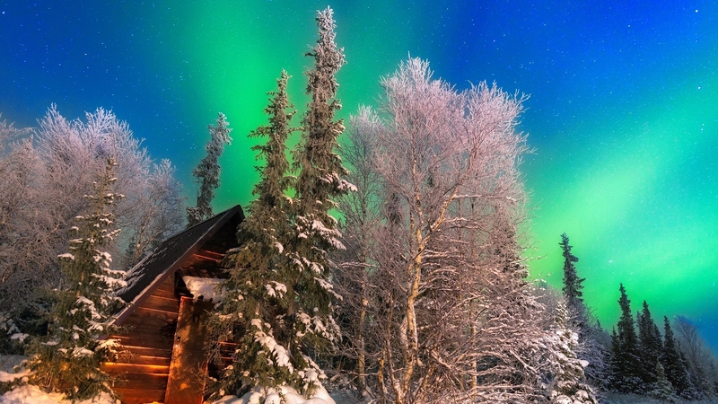 colorful, hut, dusk, beautiful, sunset, countryside, russia, village, frost, sky, trees, winter, aurora, snow, frozen, wooden, landscape