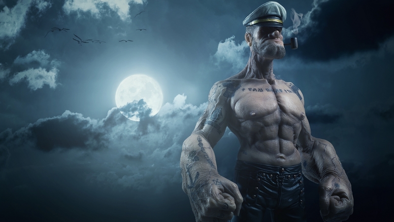 luna, luminos, przemyslaw koch, game, man, popeye, sky, clous, hat, fantasy, moon, mariner, white, blue