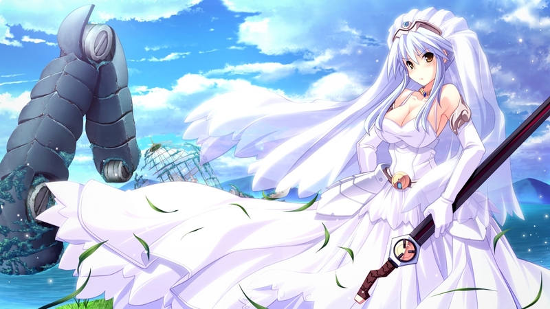 dress, girl, anime, white, sword