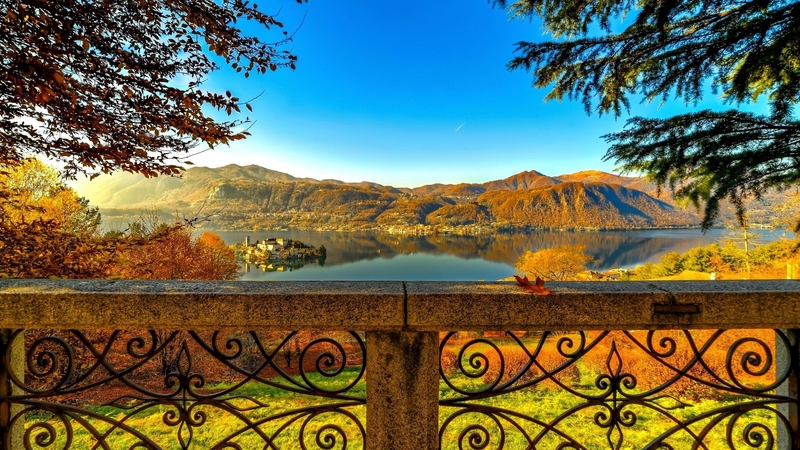 hills, fall, autumn, view, beautiful, park, lake, terrace, foliage, island, branches, landscape