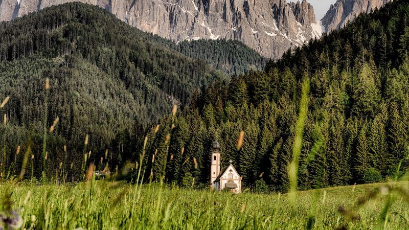 mountains, field, structure, grass, italy, 4k