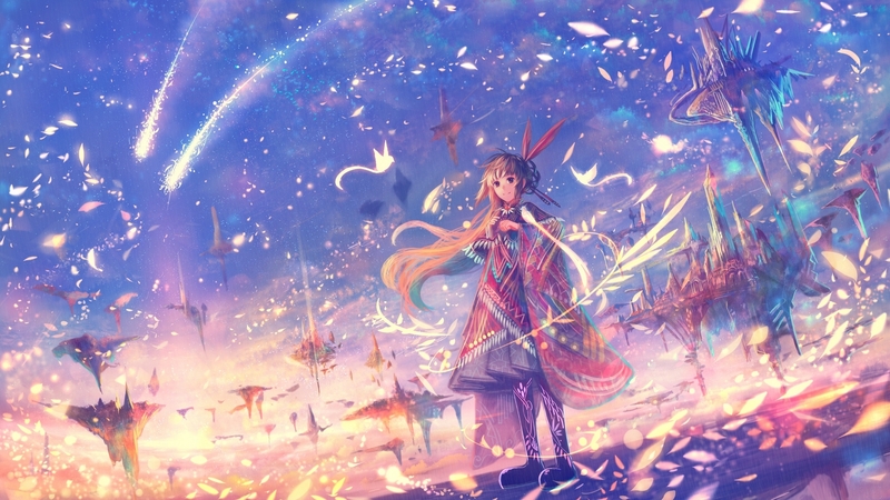 stars, bou nin, manga, sky, girl, anime, pink, blue, night