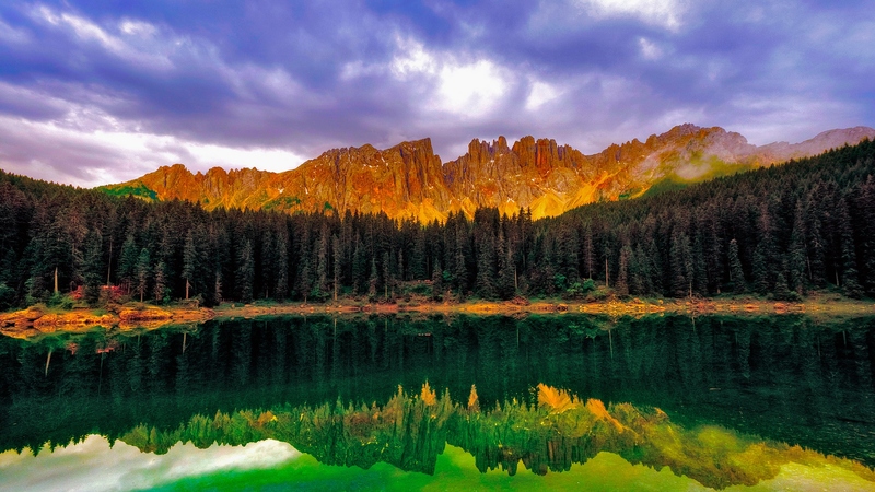grass, woods, beautiful, sunset, clouds, splendor, green, beauty, forest, lovely, view, colors, sky, trees, lake, tree, water, mountains, peaceful, nature, landscape