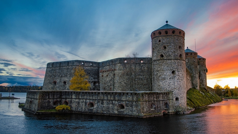 sunset, water, castle, finland