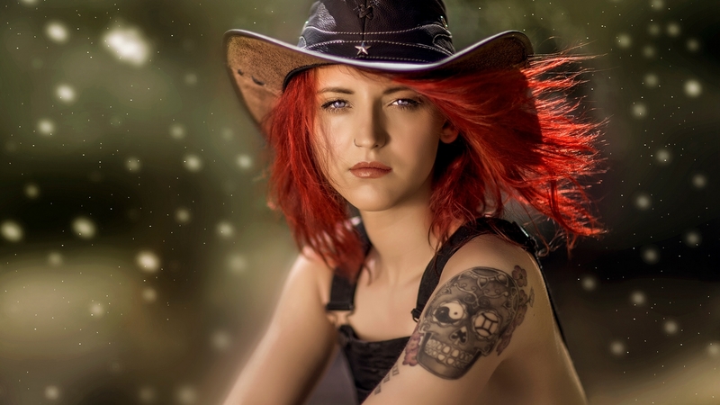 red, cowgirl, model, redhead, tattoo, black, woman, hat, skull