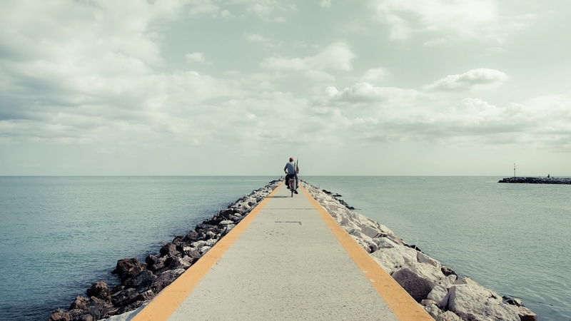 bicycle, ocean, pier, people