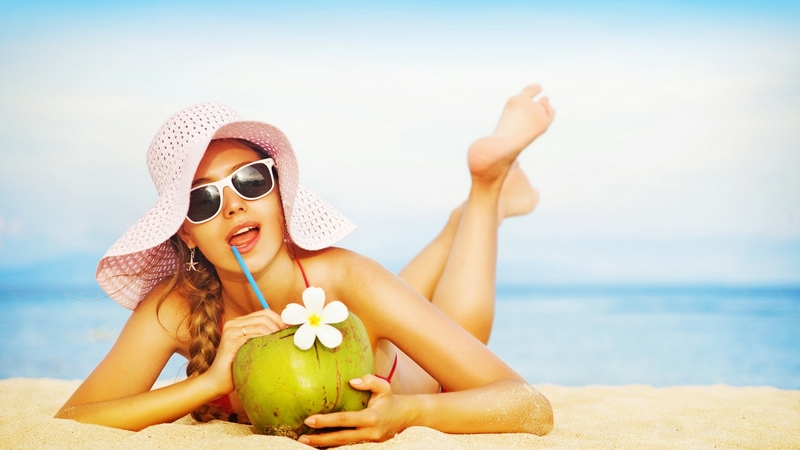 woman, hat, sunglasses, beach, vara, girl, summer, flower, drink