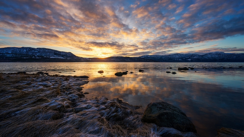 rocks, water, sunset, sky, lake