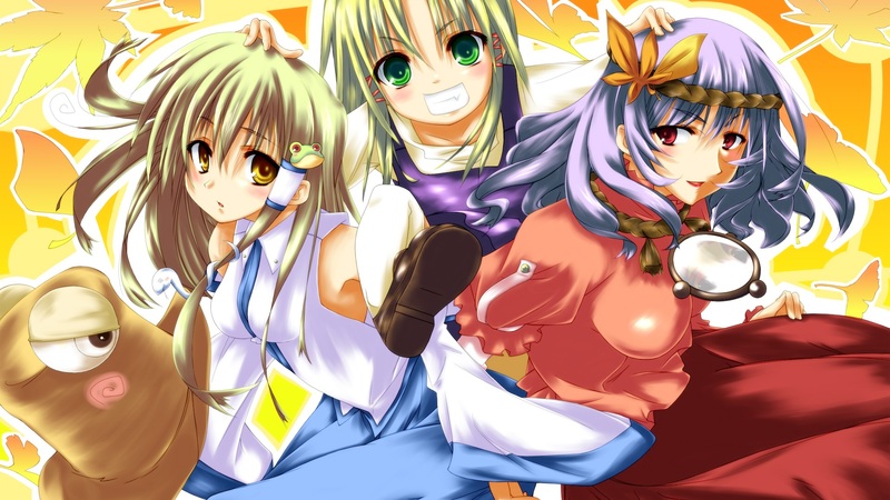 short hair, sanae kochiya, suwako moriya, touhou, girls, kanako yasaka