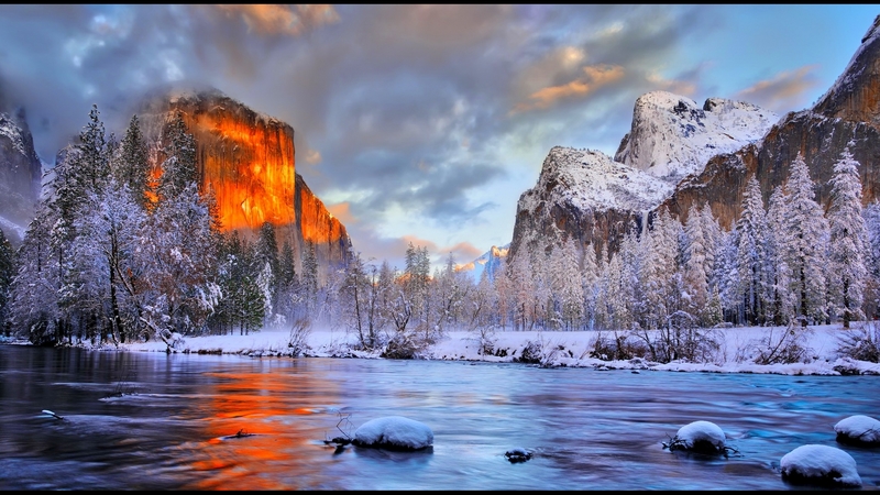 yosemite, forest, sunset, lake, winter, mountain, serenity, snow, national park, peak, reflection, scenery, wintyer, landscape, frost