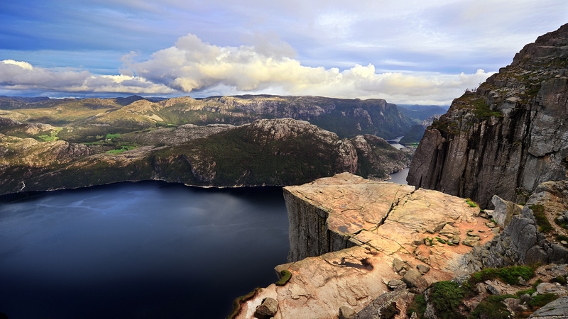 mountain, top of the world, fjord, nature, clouds, sky, blue, panorama