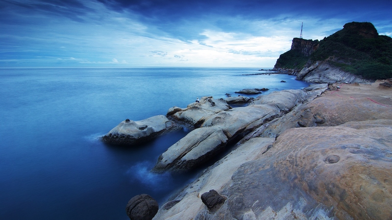 calm, rock, formation, ocean, clouds, coast
