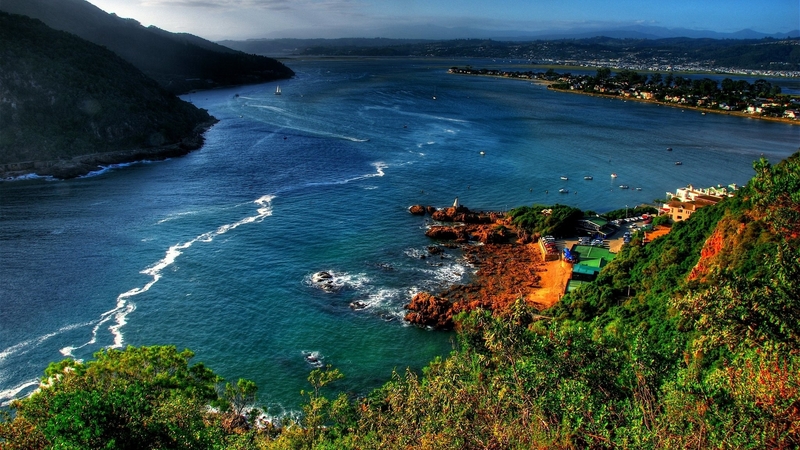 mountains, houses, ocean, nature, waves, trees, bay, italy
