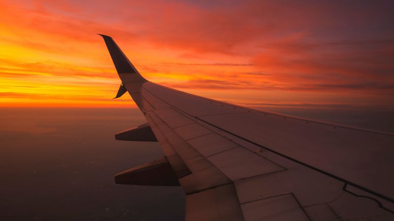 wing aircraft, flight, sky, sunset, 4k