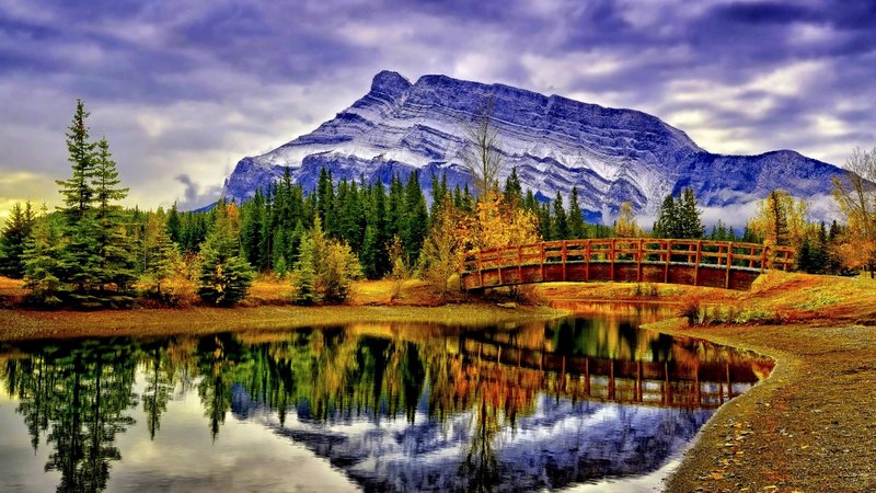alberta, cascade ponds, bridge, mountains, banff national park, canada