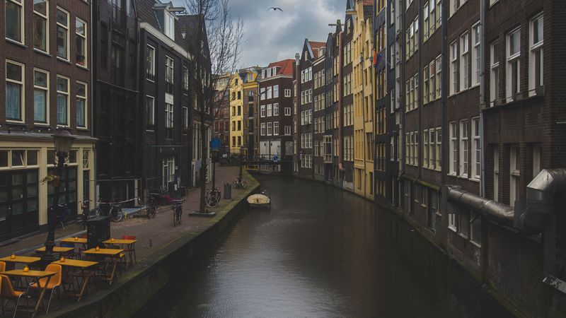 canal, buildings, architecture, amsterdam, netherlands, 4k