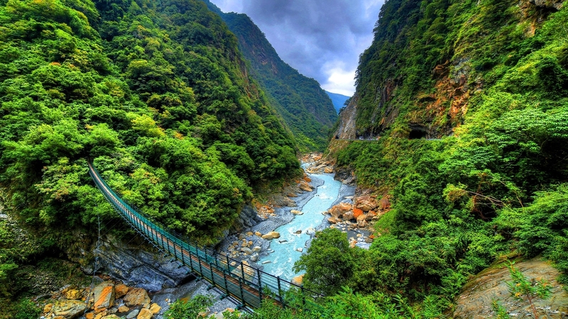 forest, mountains, nature, river, park, trees, sky