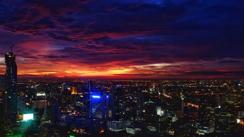 night city, sunset, buildings, city lights, bangkok, 4k